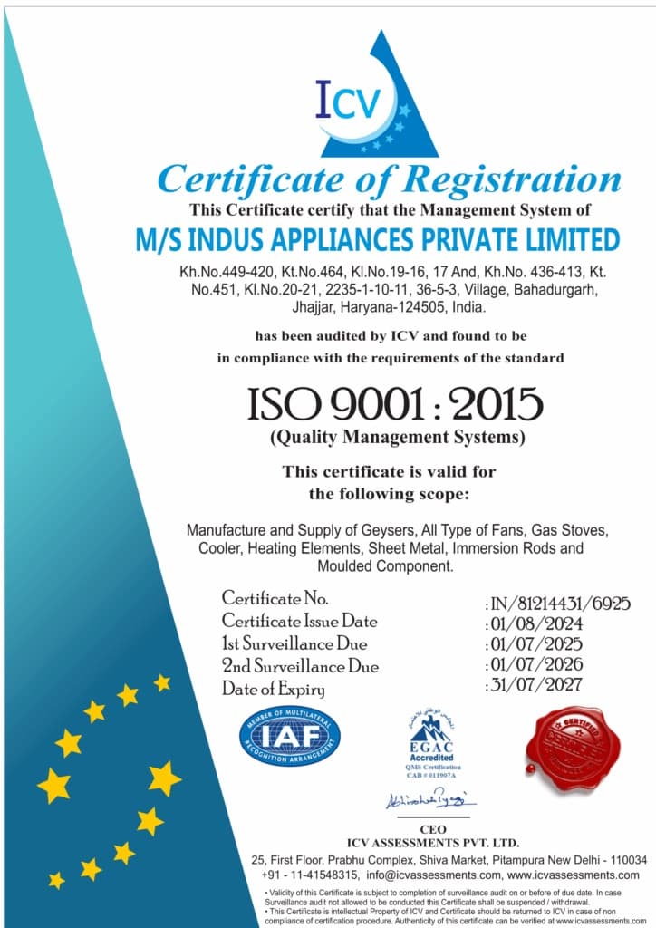 ISO 9001 quality management certificate issued to Indus Appliances