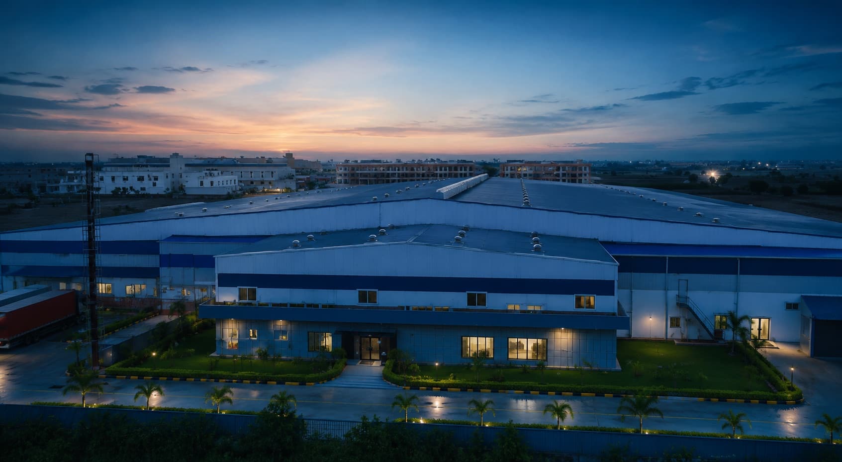 Aerial view of the Indus Appliances plant in Bahadurgarh at dusk