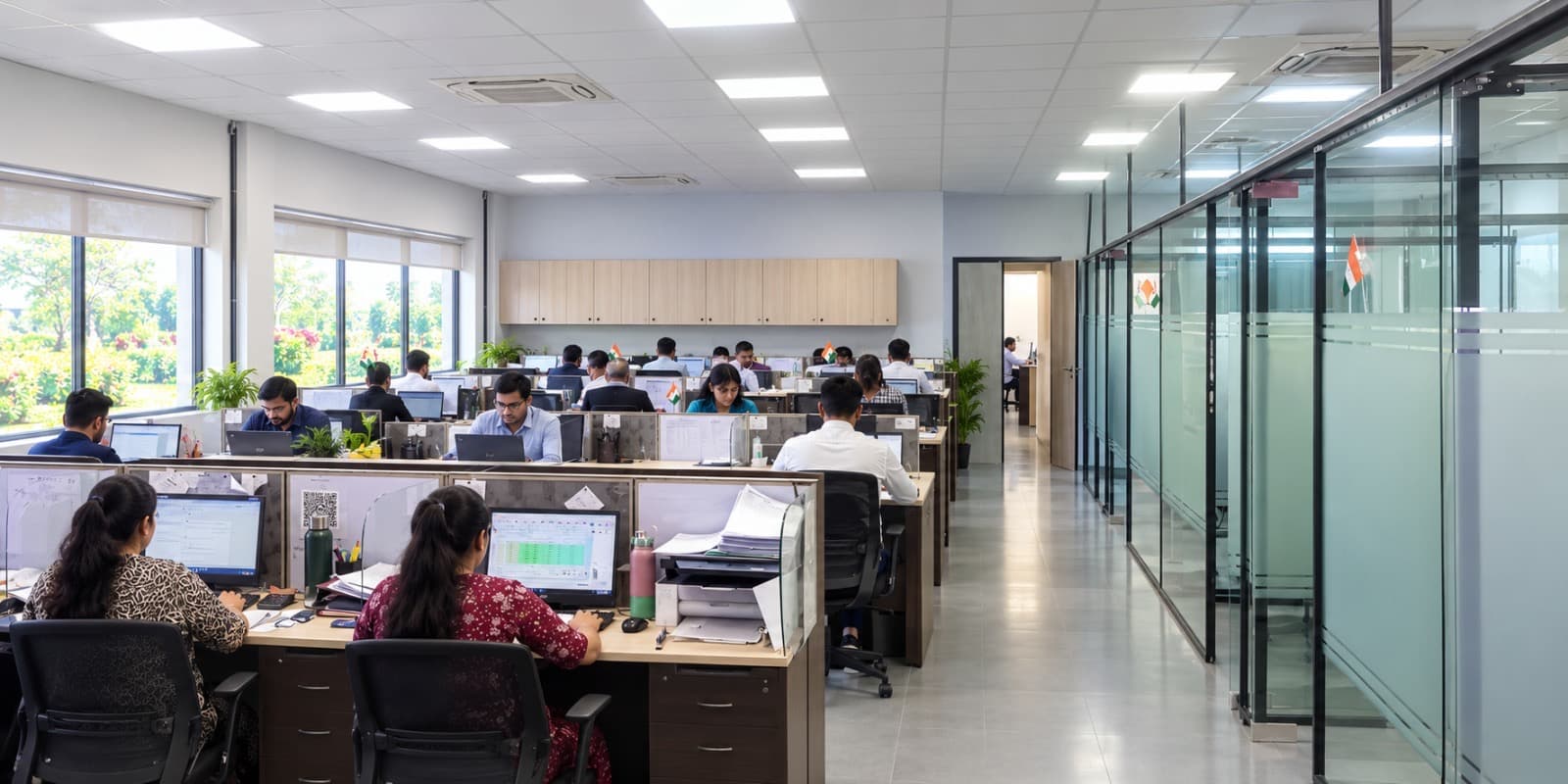 The Indus office floor, with the team at rows of desks and glass-walled cabins along one side